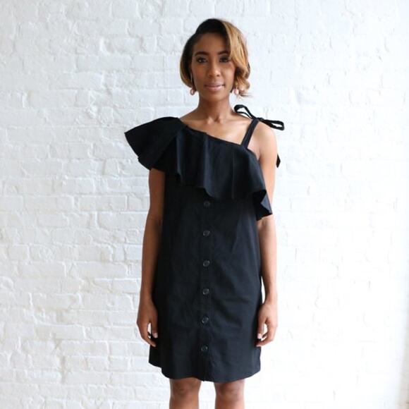 Sea NY Black Ruffle Off Shoulder Mini Dress Small Button Loose Linen Shirtdress - Picture 2 of 14